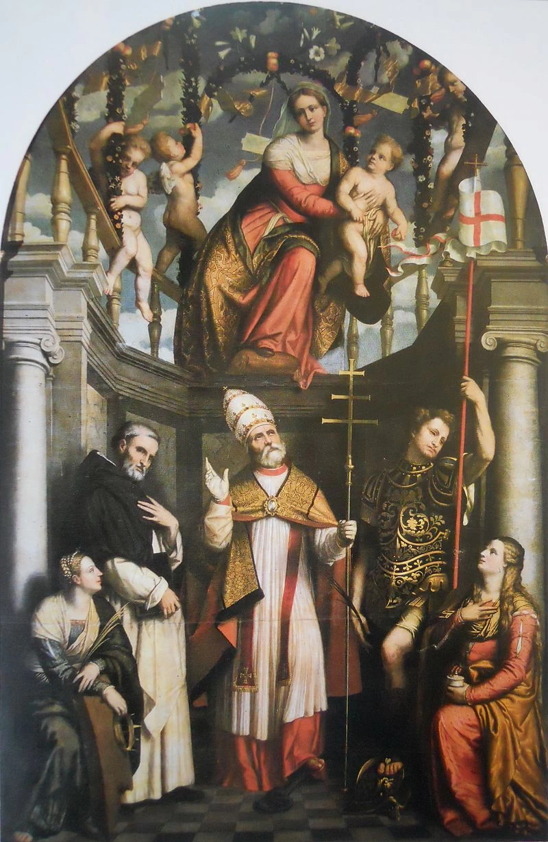 184-Alessandro Bonvicino-Moretto-Madonna col Bambino in gloria con i santi Clemente, Domenico, Caterina, Floriano e Maria Maddalena-Brescia-san Clemente